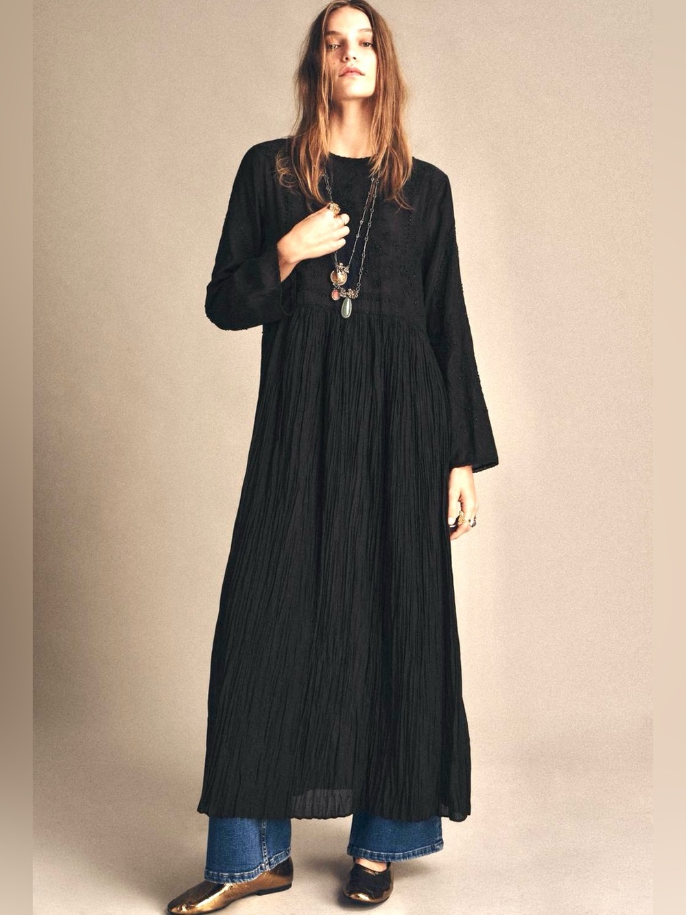 Zara Beaded Embroidered Dress Crinkled Viscose Cotton Round Neckline Long Sleeve